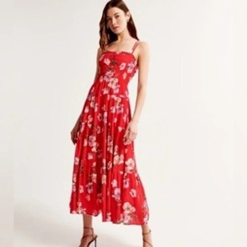 Abercrombie & Fitch Red Floral Smocked Tiered Maxi Dress Pockets Small